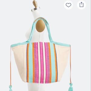 Mercado Global Striped Canvas Beach Tote Bag in Cream and Aqua